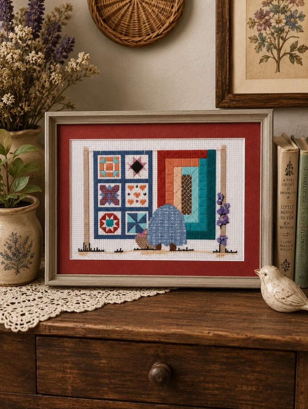 Handmade Framed Cross Stitch Quilt Wall Art Cottagecore Folk Textile Decor
